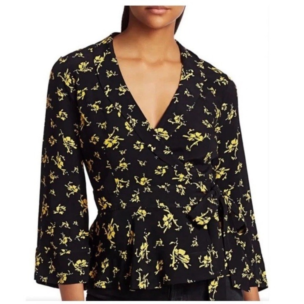 Ganni Wrap Blouse M Black Yellow Floral Printed Crepe 3/4 Bell Sleeves Tie Side